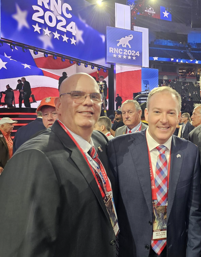 (Photo provided) Cattaraugus County Republican Party Chairman Mark Heberling (left), met up with Lee Zeldin former GOP candidate for New York governor at the Republican Presidential Convention in Milwaukee on Monday.