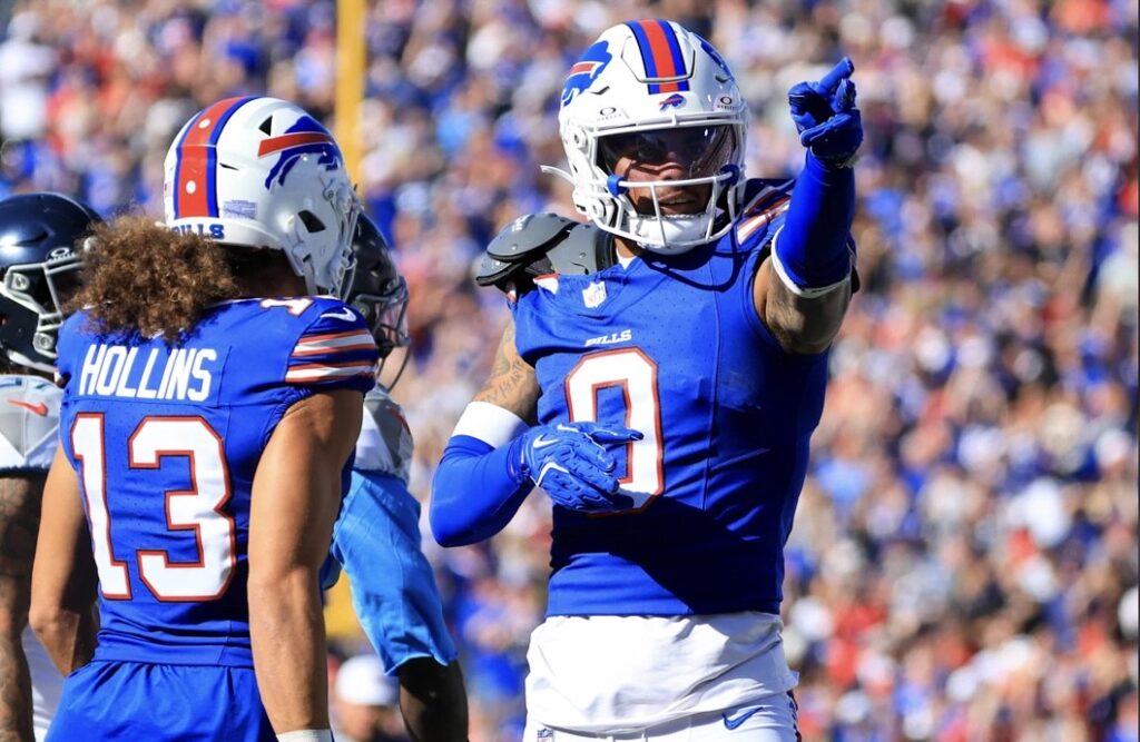 Photo: Chuck Pollock points out, the latest computer predictions have Keon Coleman and the Bills with a 98 percent chance of making the playoffs. Bill Wippert photo, Buffalo Bills.