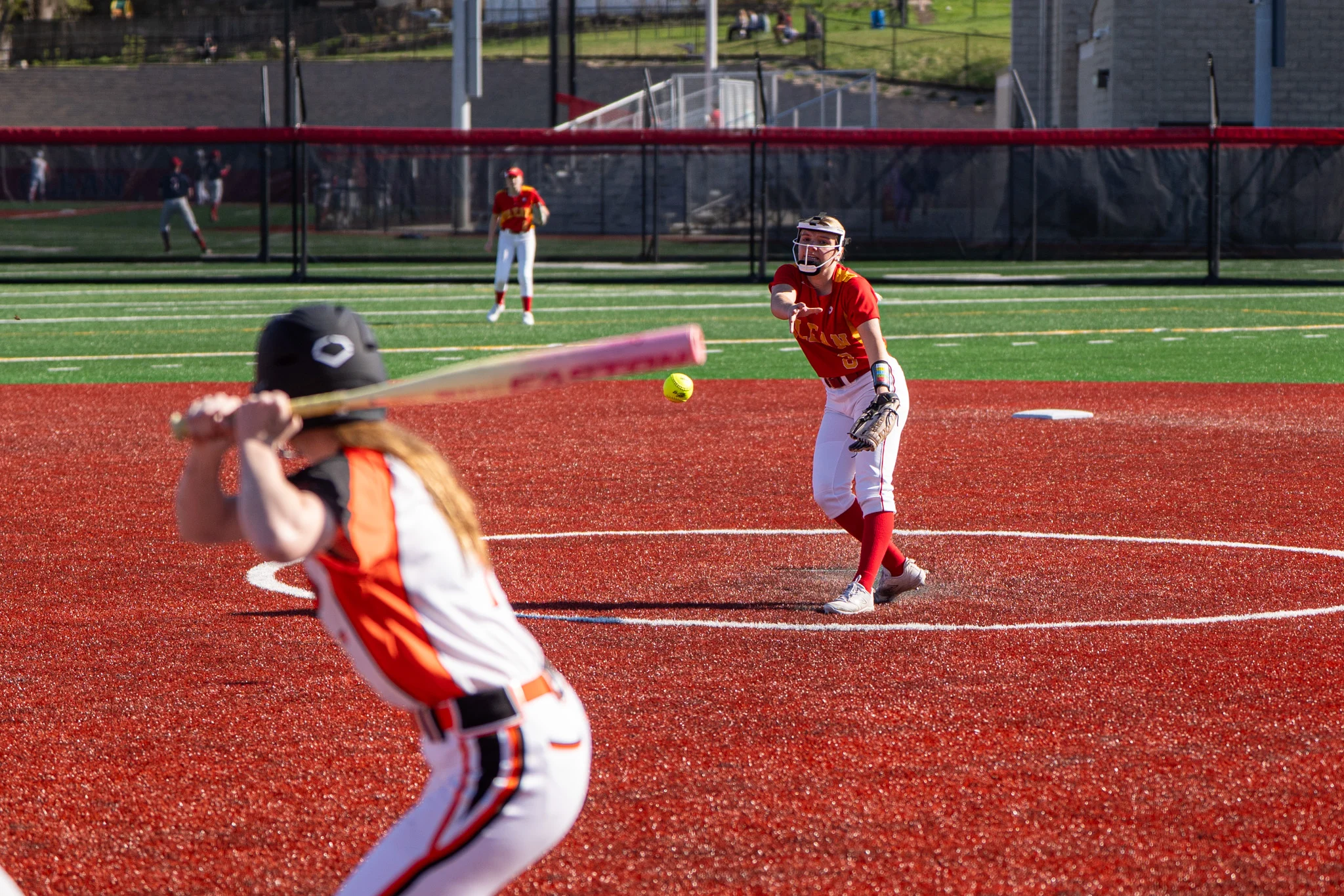 Olean's Emma Edwards hurls a pitch down range during the Huskies' 8-5 loss to Fredonia. Through seven innings, Edwards fanned six batters. | Photo by Hunter O. Lyle