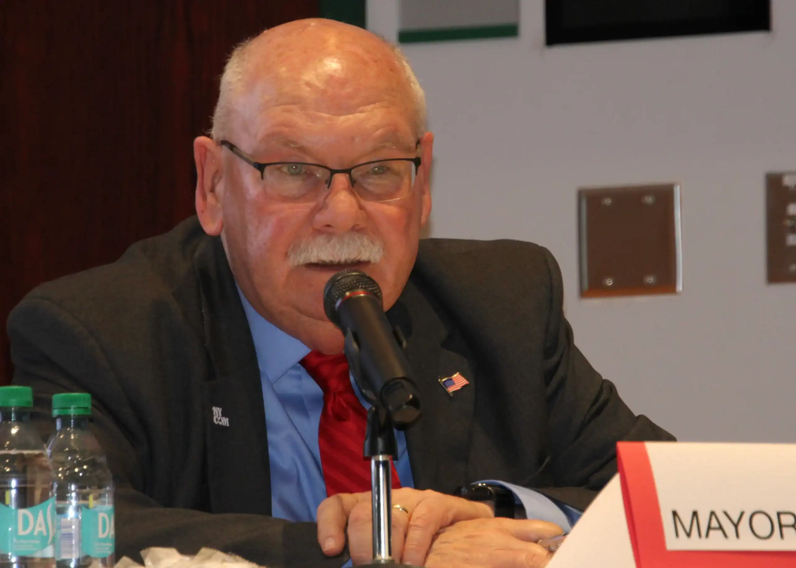 (Rick Miller/Olean Star) Olean Republican mayoral candidates Amy Sherburne and incumbent Bill Aiello met in a debate Wednesday at the Cutco Theater on the Jamestown Community College campus.