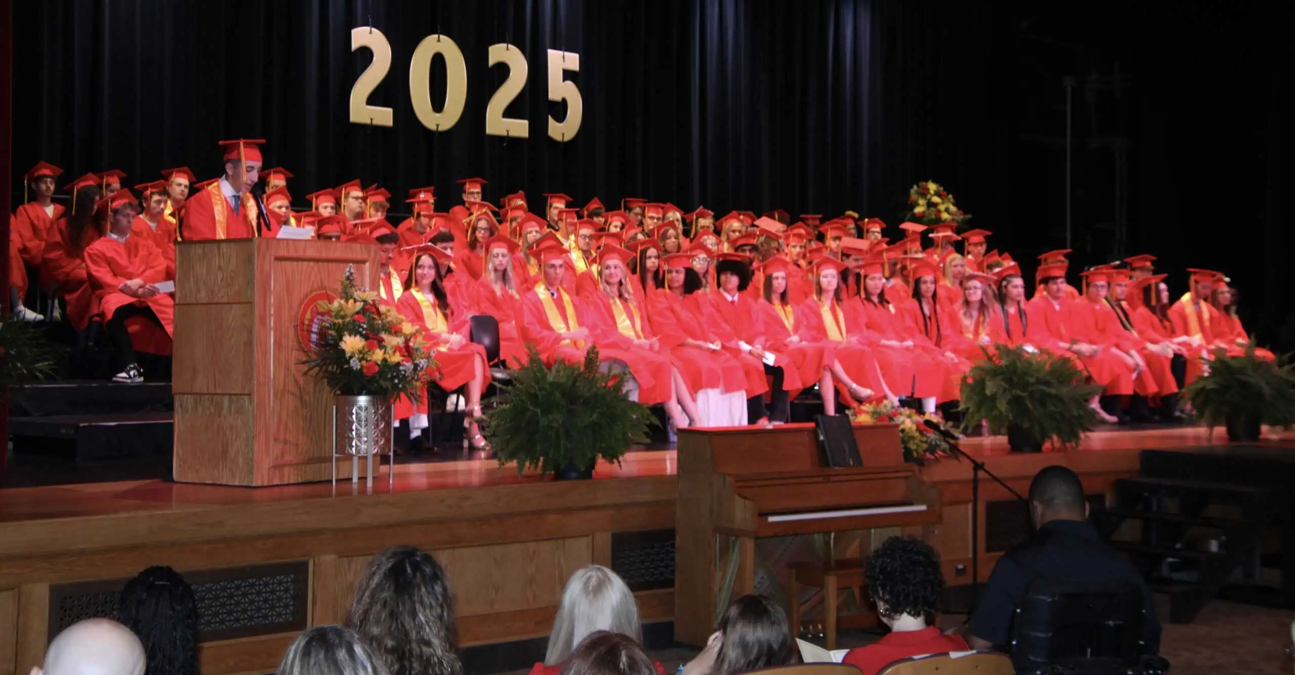 (Rick Miller/Olean Star) Olean High School Valedictorian Evan Snyder gives the valedictory address at the 143rd Olean Commencement on Saturday.