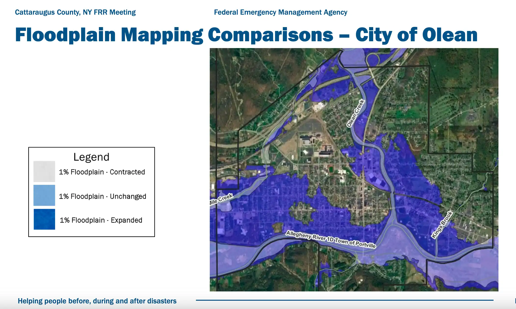 (FEMA) A draft of the city of Olean floodplain omits the levees and raises the threat of a 100-year flood impacting not only parts of downtown Olean, but along both sides of West State Street to the city line. The levees need to be recertified in order to reduce the size of the floodplain.