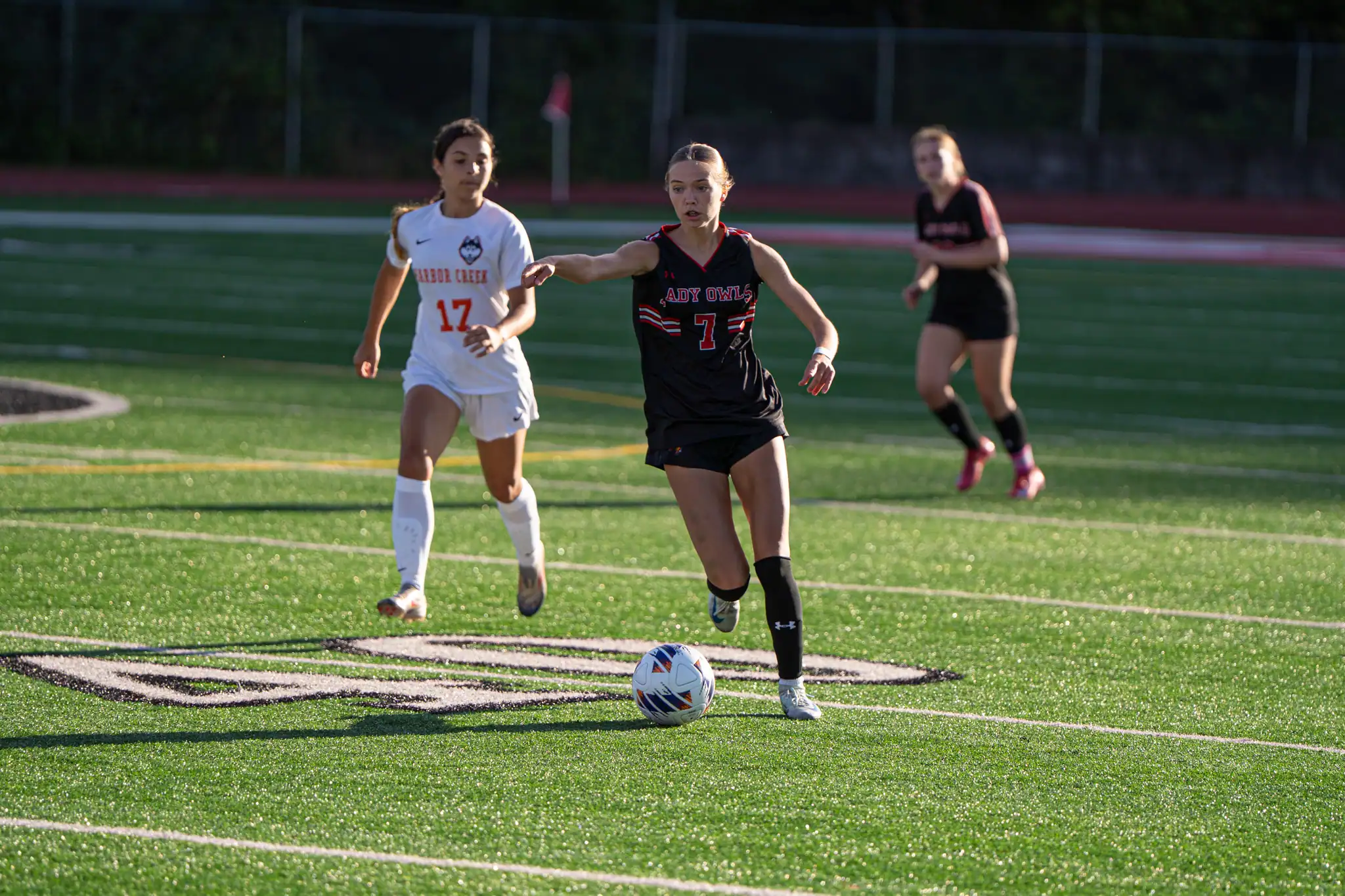 Bradford's Alyssa Mangold facilitates the offense on a fastbreak during the Lady Owls' 2-0 loss to Harbor Creek. | Photo by Hunter O. Lyle