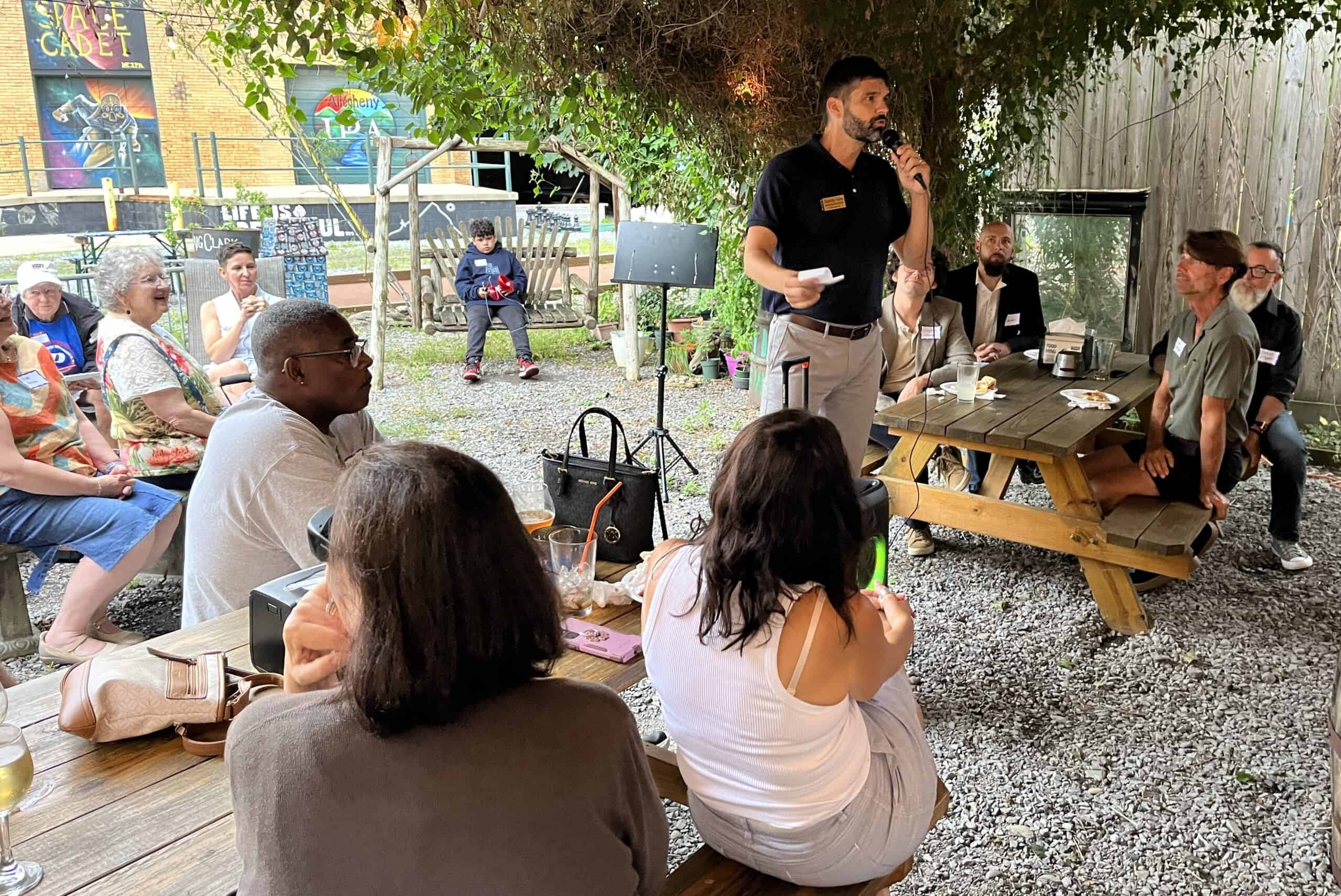 (Rick Miller/Olean Star) Democratic congressional candidate Aaron Gies of Olean launched his campaign against Republican Rep. Nick Langworthy Wednesday night before a group of 65 supporters at Four Mile Brewing Co.