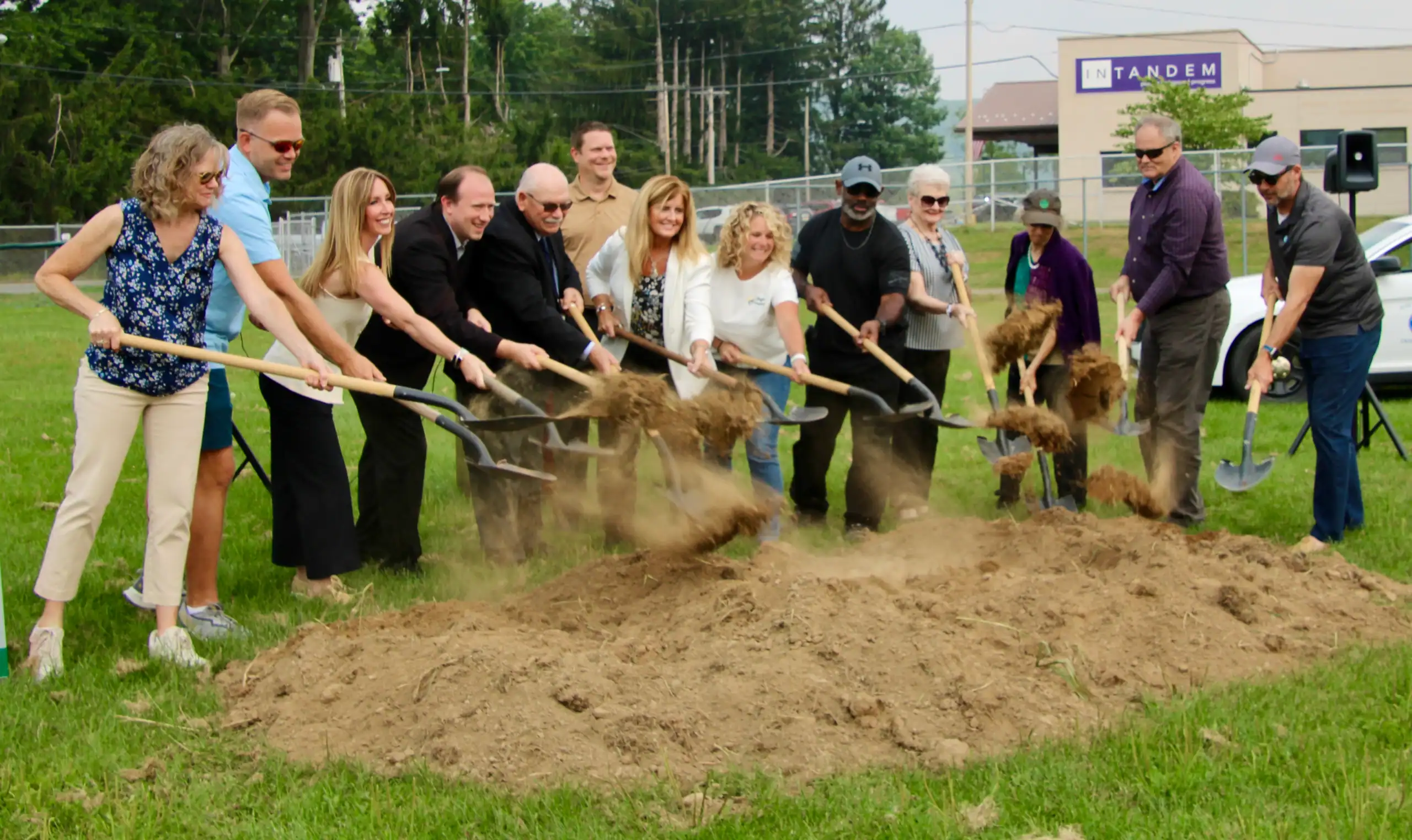 (Rick Miller/Olean Star) Olean Mayor Bill Aiello and Mari Howard, InTandem CEO, were joined by other officials and individuals Thursday in a groundbreaking ceremony at Olean’s Marcus Park. The park is about to get a $2 million make-over.