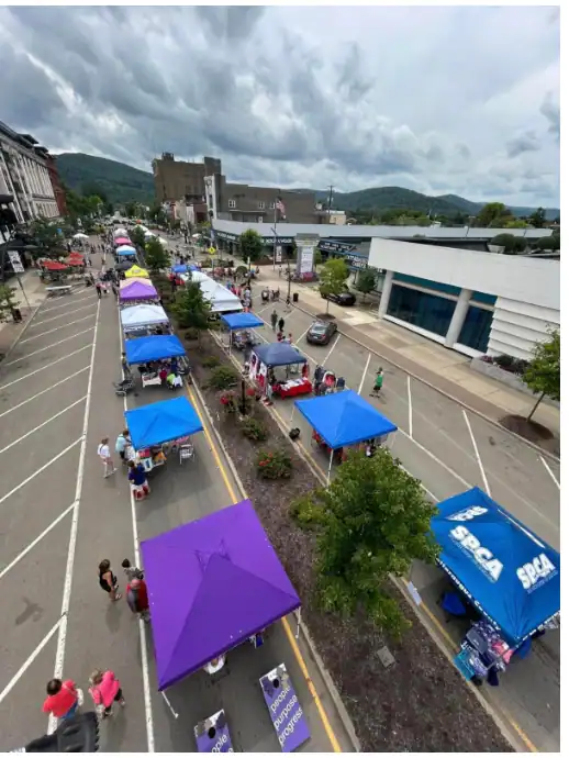 (GOACC photo) This drone photo shows vendors set up along the 100 block of North Union Street for last year’s StrOlean. This year’s downtown festival will be held from 10 a.m. to 6 p.m. Saturday.