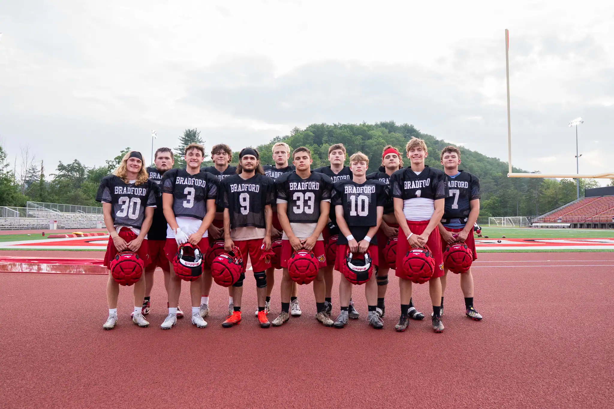 Going into the 2025 season, the Bradford football team returns 12 varsity Owls. Pictured here is Logan Kohler (front, left to right), Kaden Kicior, Matt DeCasper, Tommy Langdon, Kolton Miller, Lucas Wallace, Blake Callihan (back, left to right), Sean Ward, Kaleb Mackey, Braylon Little, Jacob Abers and Andrew Giordano. | Photo by Hunter O. Lyle