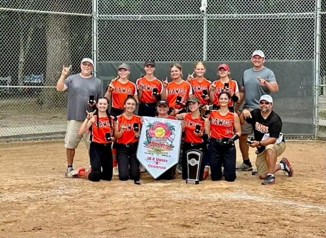 Playing in the 2025 United States Specialty Sports Association Eastern Nationals, the Wellsville Diamond Dawgs finished 8-0-2 in double-elimination play to secure a National Championship title. Pictured here is Kylee Whiting (front row, left to right), Ande Northrup, Rylee Whiting, Brynn Hallock, Lillian Holevinski, and Adrian Whiting, Matt Burke (back row:, left to right), Teagan Burke, Jayna Thomas, Morghyn Ross, Kyla Ziegler, Carilene Sliwa, and Jason Holevinski. | Photo submitted