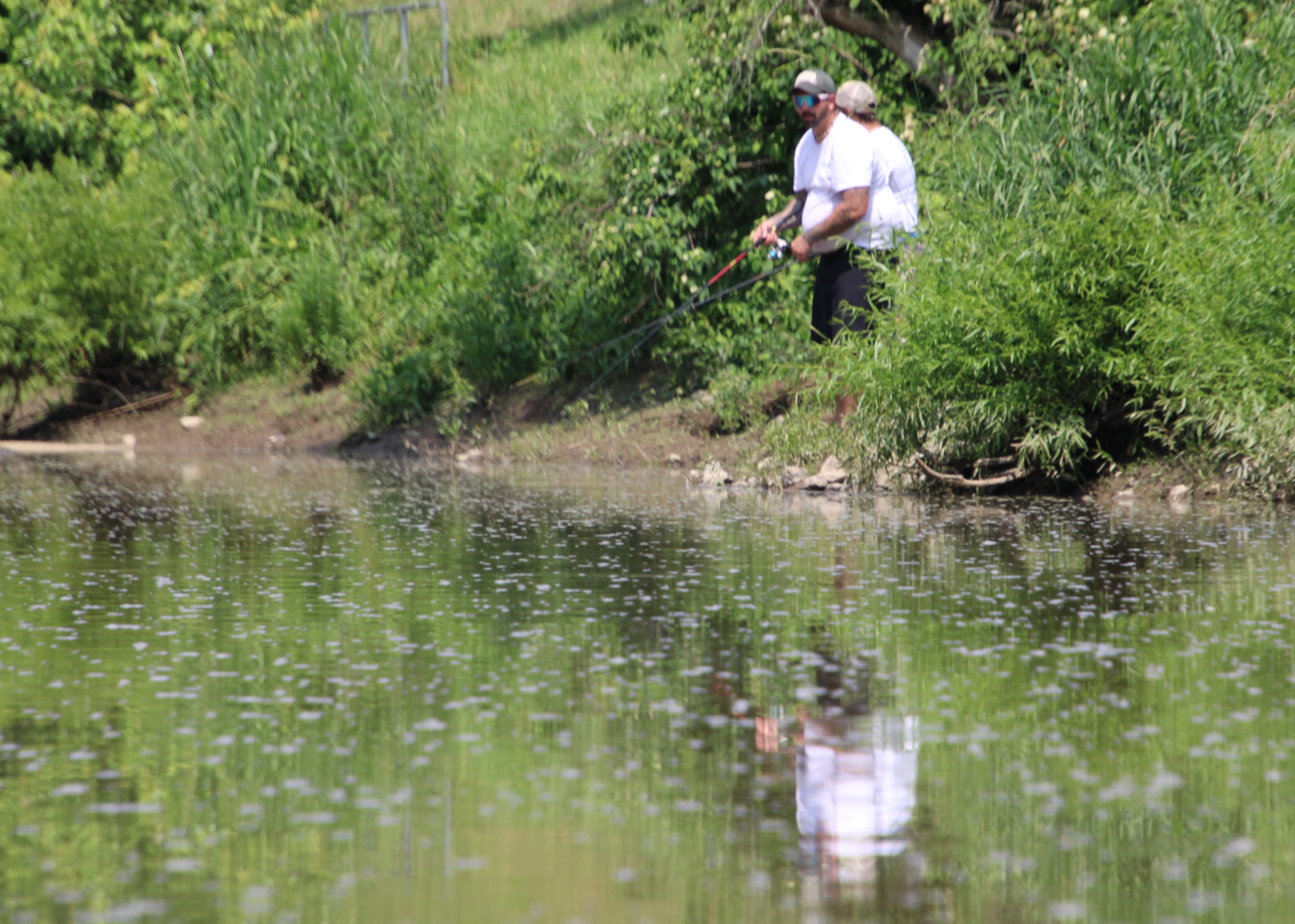 Rick Miller/Olean DStar file photo) Two men fish in the Allegheny River from thge Olean shoreline in this June 2024 file photo. The Olean Common Council voted to hasten the end to sewage overflows in the river Tuesday night.