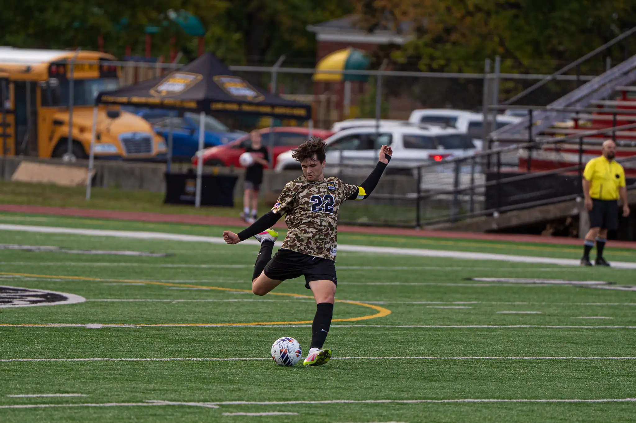 Bradford's Landon Lohrman sends a free kick up field during the Owls' 6-2 win over Oil City. Over the past two games, Lohrman has recorded six goals. | Photo by Hunter O. Lyle