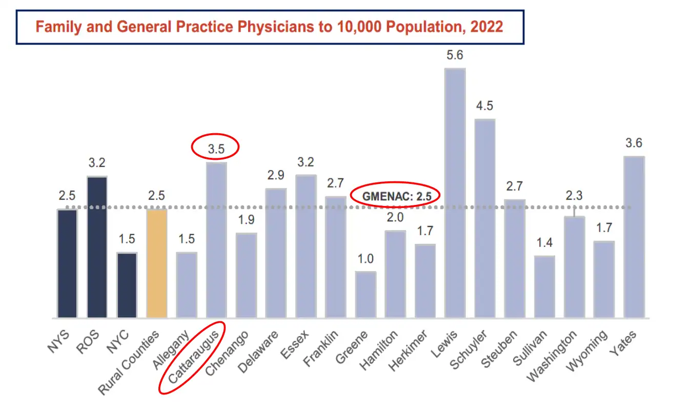 (NYS Comptroller's Office) This graph shows the ratio of family and general practice physicians in Cattaraugus County compared to New York State and other counties facing a shortage of healthcare professionals.