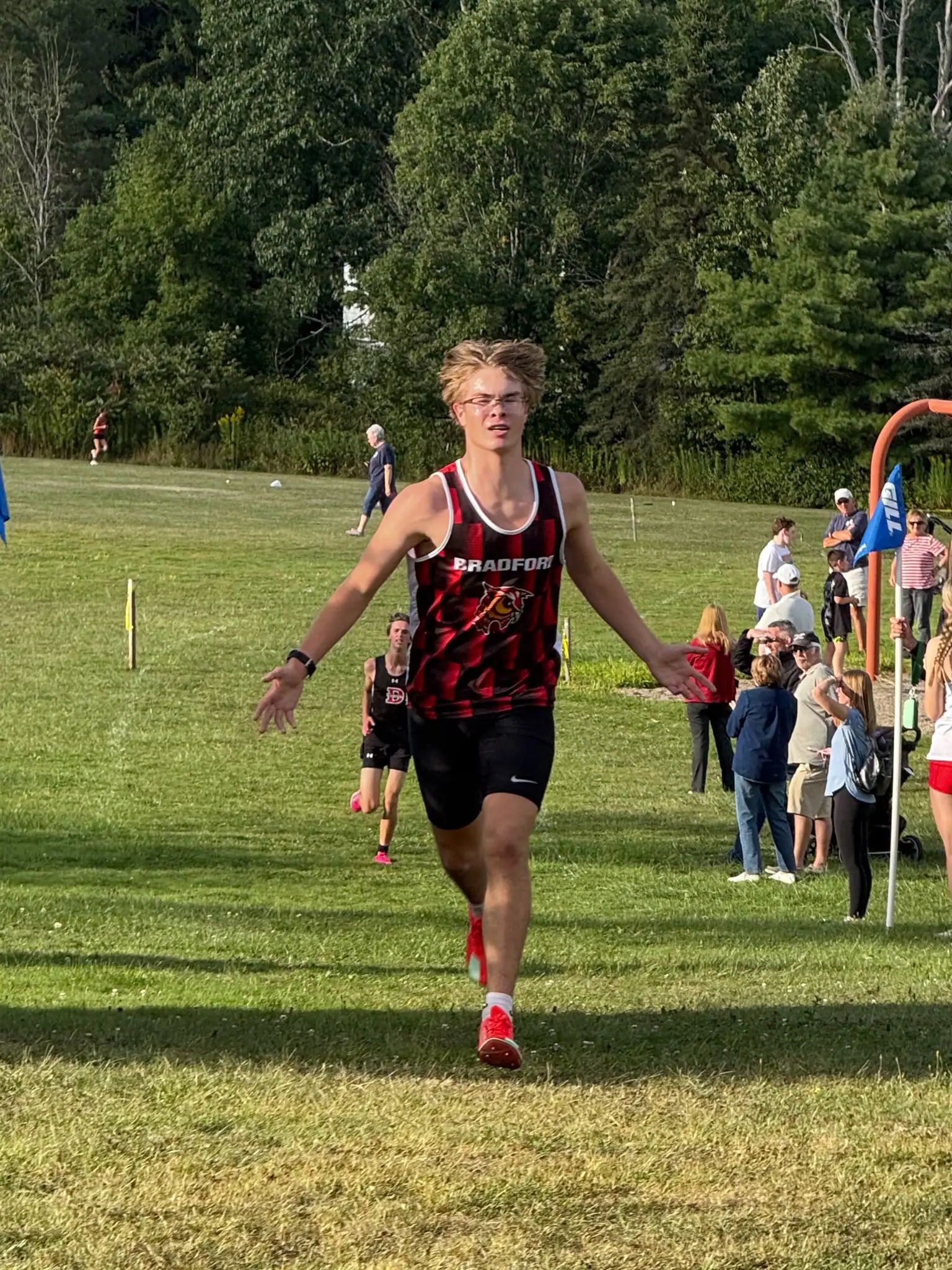 Kadyn Tessena crosses the finish line in first place as he carries the Bradford boy's cross country team to a win over DuBois and Brockway. | Photo submitted