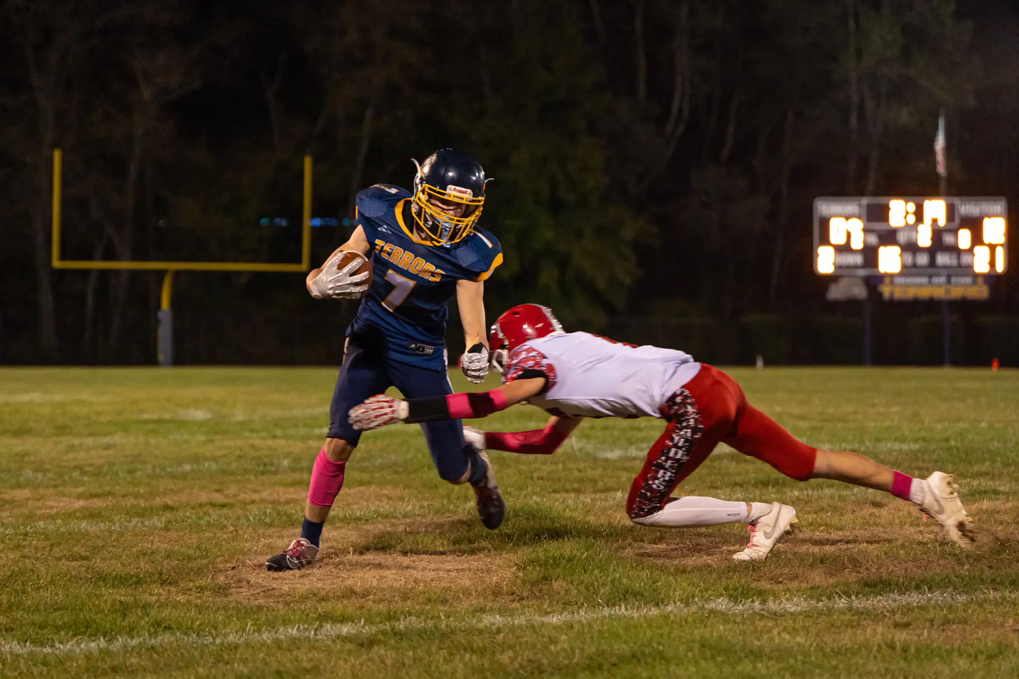 Wyatt Blendinger is taken down by Cameron County's Taylon Tucker during the Terrors' 47-16 loss on Friday. | Photo by Hunter O. Lyle