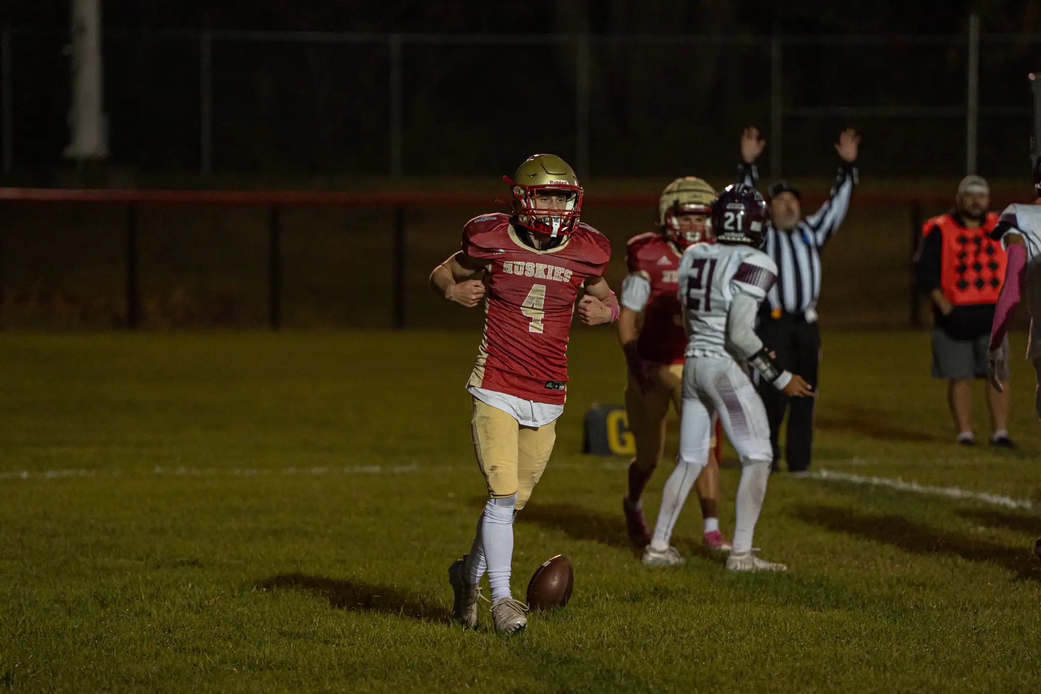 Domonick Hirliman celebrates in the endzone during the Huskies' 35-12 win over Dunkirk. Hirliman ended with triple-digit rushing yards for the second week in a row while he came away with two touchdowns. | Photo by Hunter O. Lyle