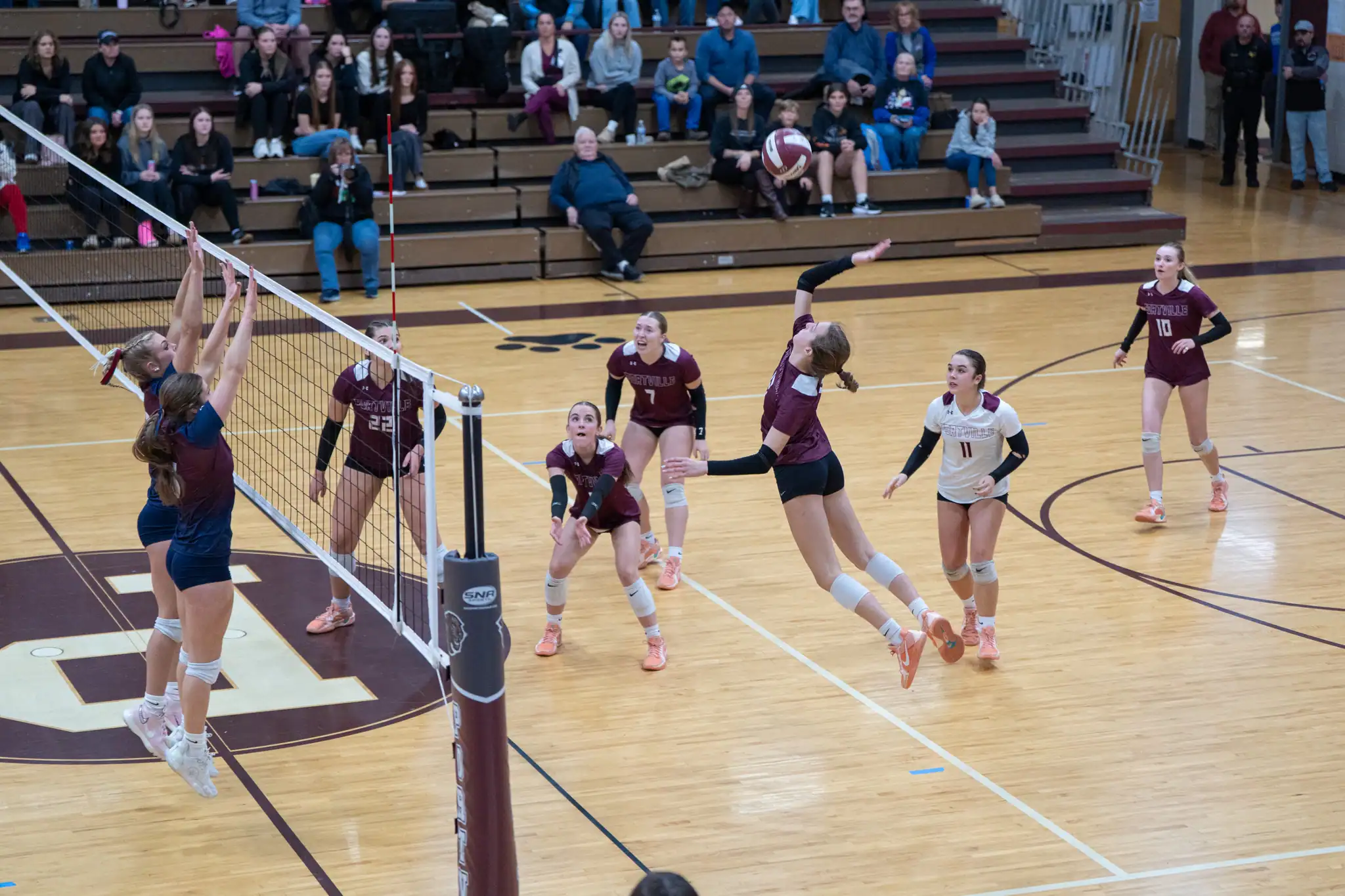FILE -- Gaitley Maiolo swats a shot over the net during the Portville volleyball team's win over Chautauqua Lake in the Section VI Class C semifinals on Thursday, Nov. 6. | Photo by Hunter O. Lyle