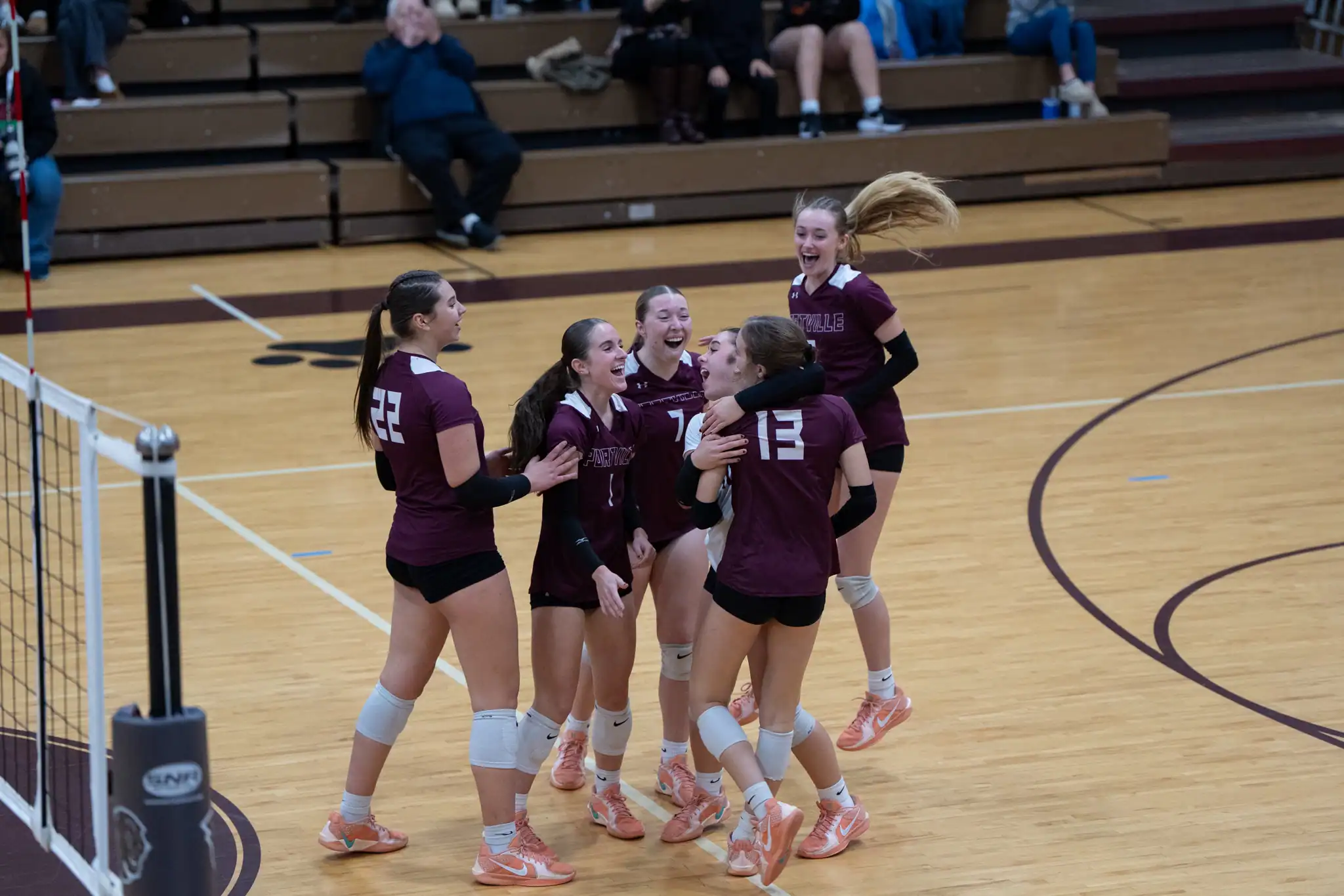 The Portville volleyball team celebrates after sweeping Chautauqua Lake in the Section VI Class C semifinals. | Photo by Hunter O. Lyle