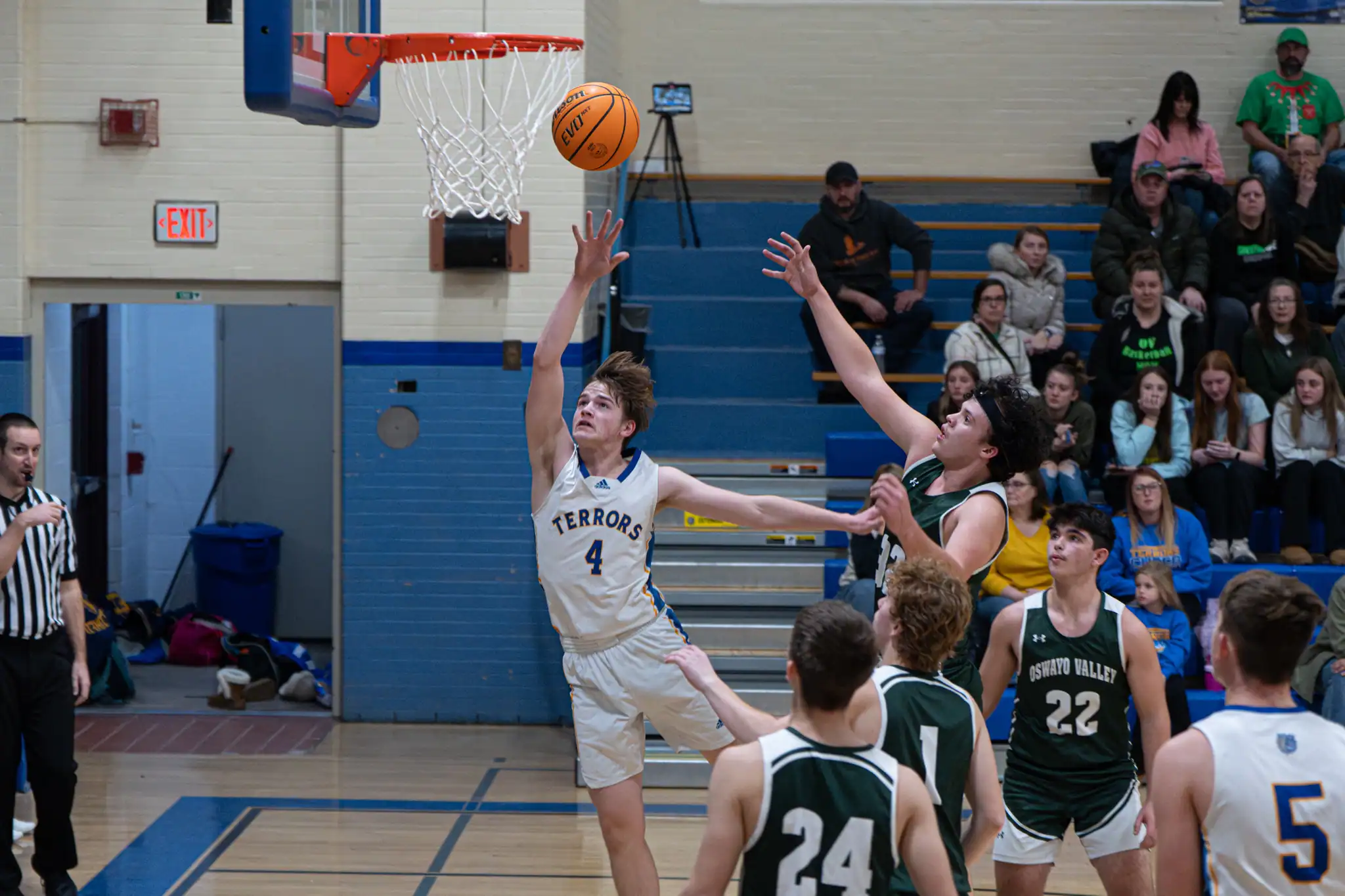 Michael Sheeler finishes a fast break at the rim during the Terrors' win over Oswayo Valley on Monday. | Photo by Hunter O. Lyle