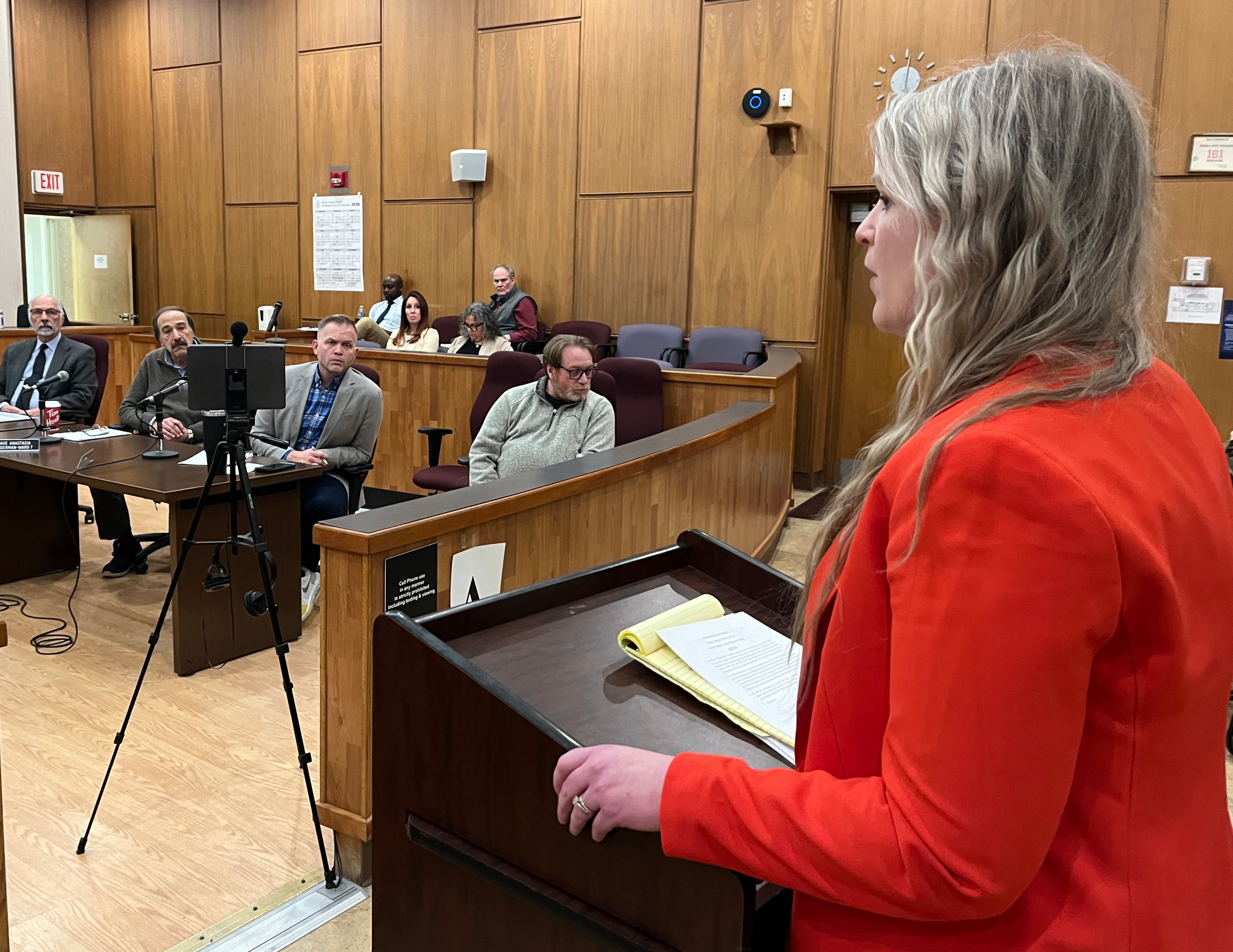 (Rick Miller/Olean Star) Allison Fiut, an attorney for Harris Beach working for the City of Olean on the redevelopment of the Oleran Center Mall speaks to the Common Council Tuesday. The council later voted to use eminent domain to lift lease restrictions on mall stores to facilitate redevelopment.