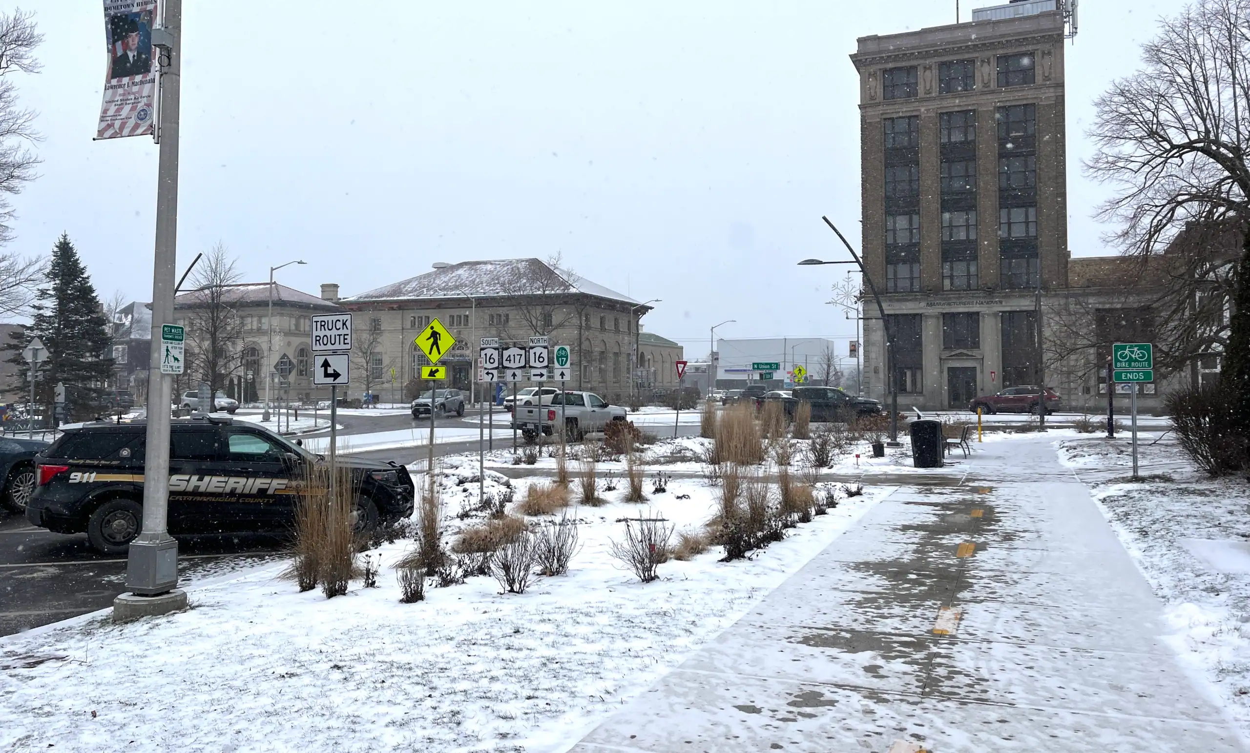 (Rick Miller/Olean Star) Olean Mayor Amy B. Sherburne declare a 'Snow Event' Monday, restricting parking until city streets crews can clear snow from city streets.
