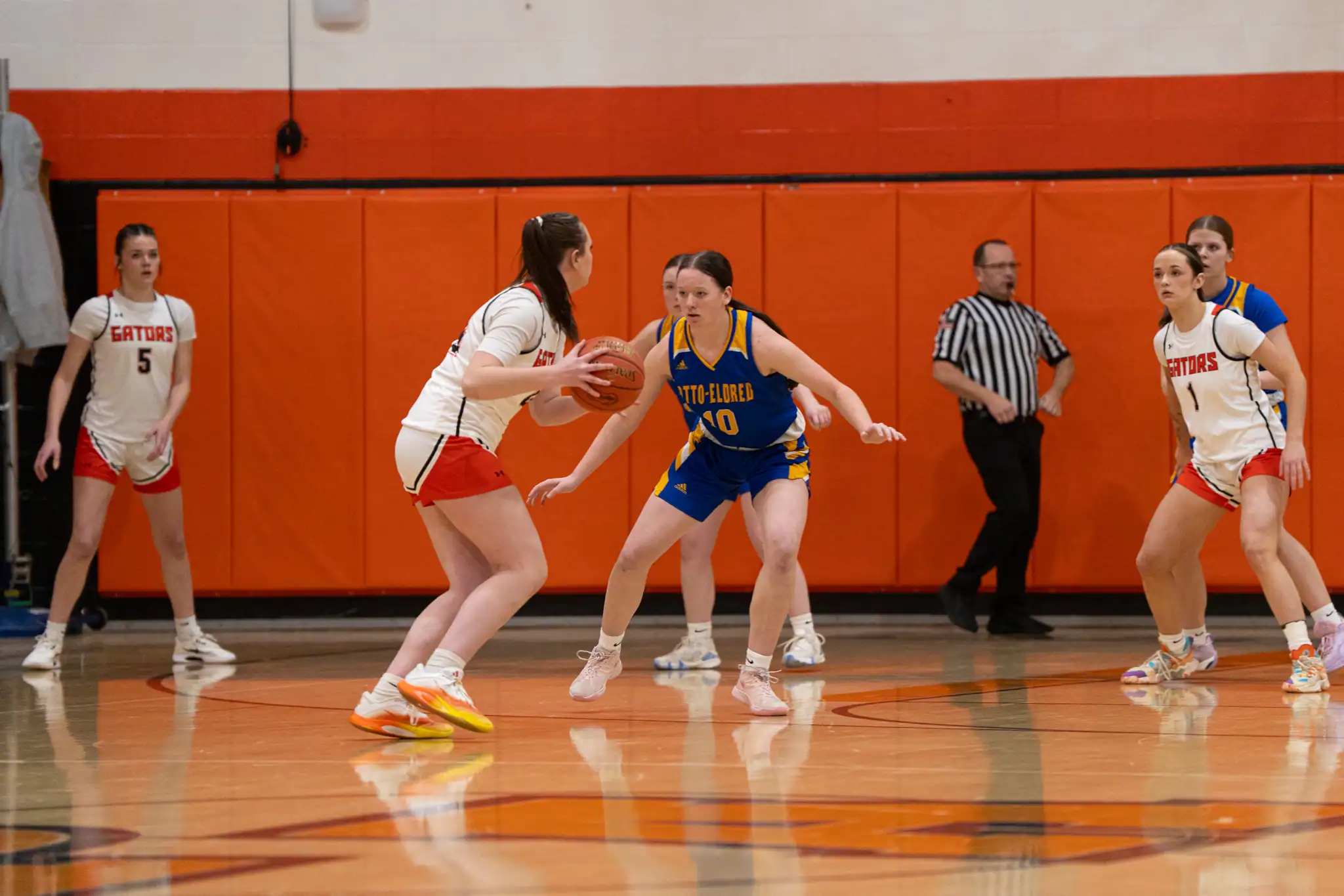 Otto-Eldred locks down a Port Allegany ballhandler during the Lady Terrors' season sweep over the Lady Gators. Leading O-E on both sides of the court, Hakes ended with a game-high 22 points and three steals. | Photo by Hunter O. Lyle