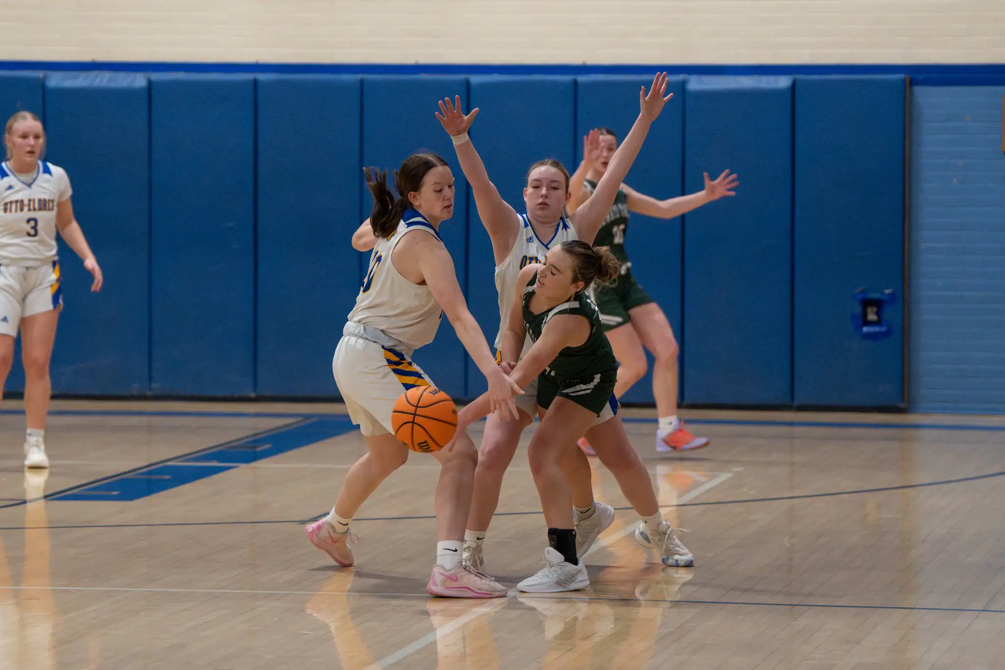 Otto-Eldred's Rayel Hakes (10) and Lexi Prince (30) double-team an Oswayo Valley ball handler into a turnover during the Lady Terrors' 29-point win over OV. | Photo by Hunter O. Lyle