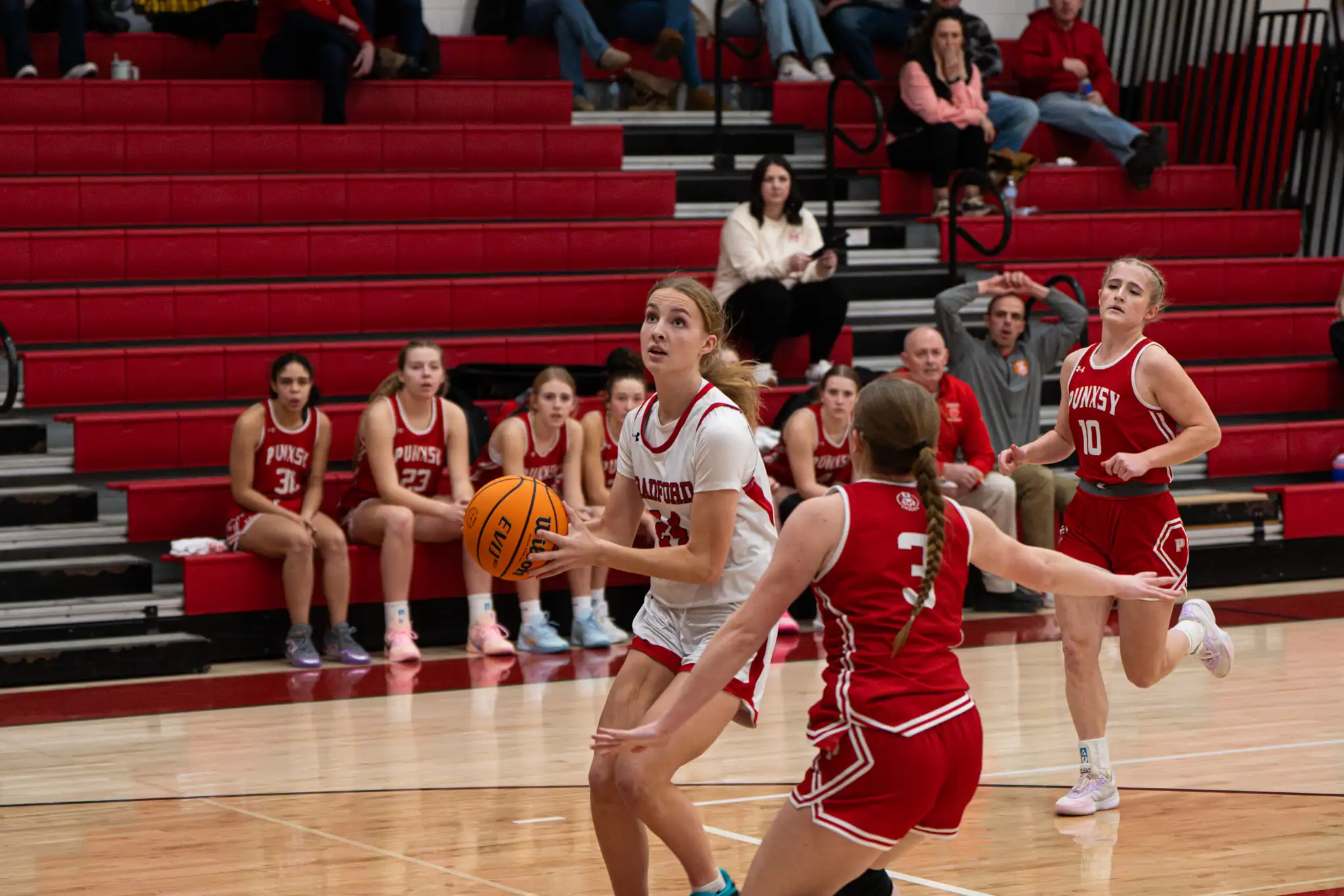 Bradford's Cami Sheeley looks to finish at the rim as she runs the fast break. Sheeley finished with eight points in the Lady Owl's loss to Punxsutawney. | Photo by Hunter O. Lyle