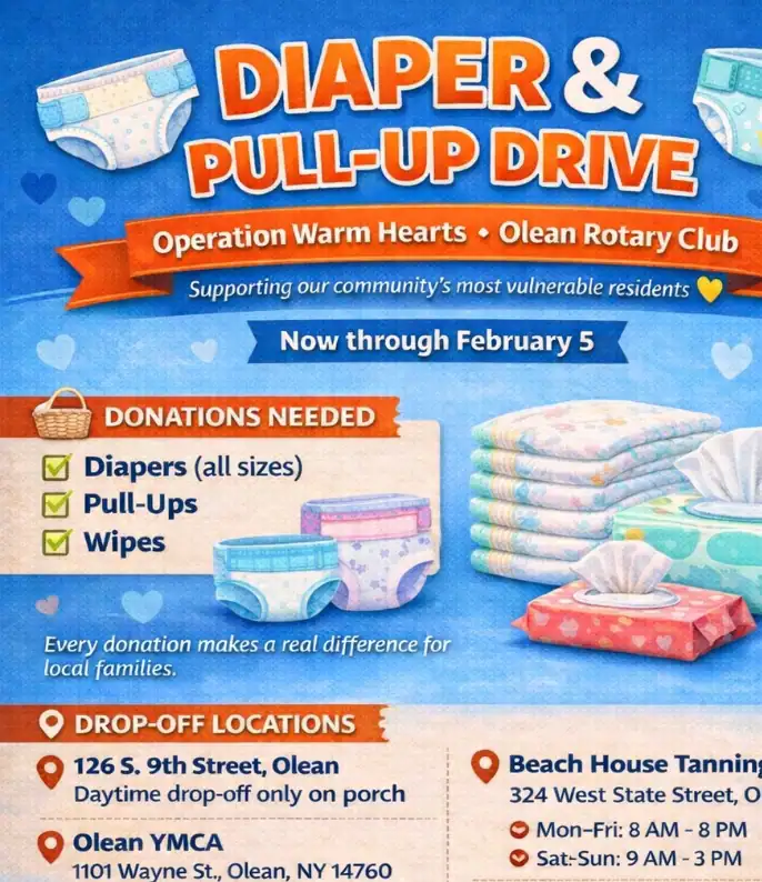 Operation Warm Hearts and the Olean Rotary Club are partnering to help area families in need of diapers. The diaper drive ends Feb. 5.
