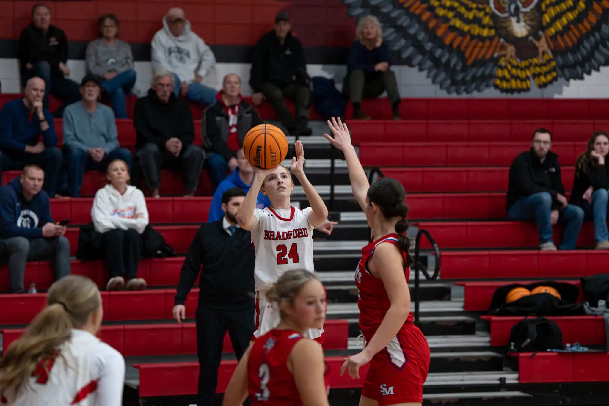 Bradford's Cami Sheeley takes a contested mid-range jumper during the Lady Owls' loss to St. Marys. | Photo by Hunter O. Lyle