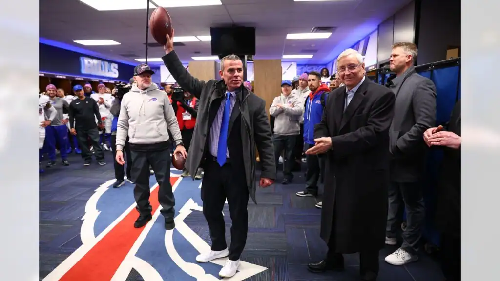 (Photo: From left, Sean McDermott, Brandon Beane (holding ball) and Bills owner Terry Pegula in happier times. Buffalo Bills file photo)