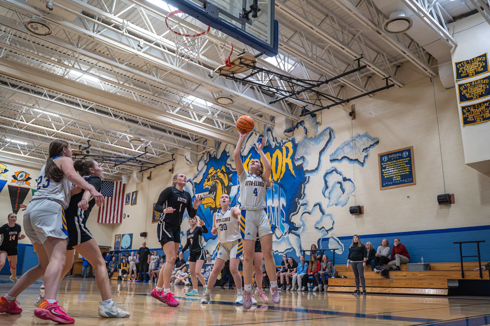 Ayla Van Scoter capitalizes on a point-blank look at the basket during the Lady Terrors' 32-point win over Austin in the first round of the D9 playoffs. | Photo by Taylor Komidar