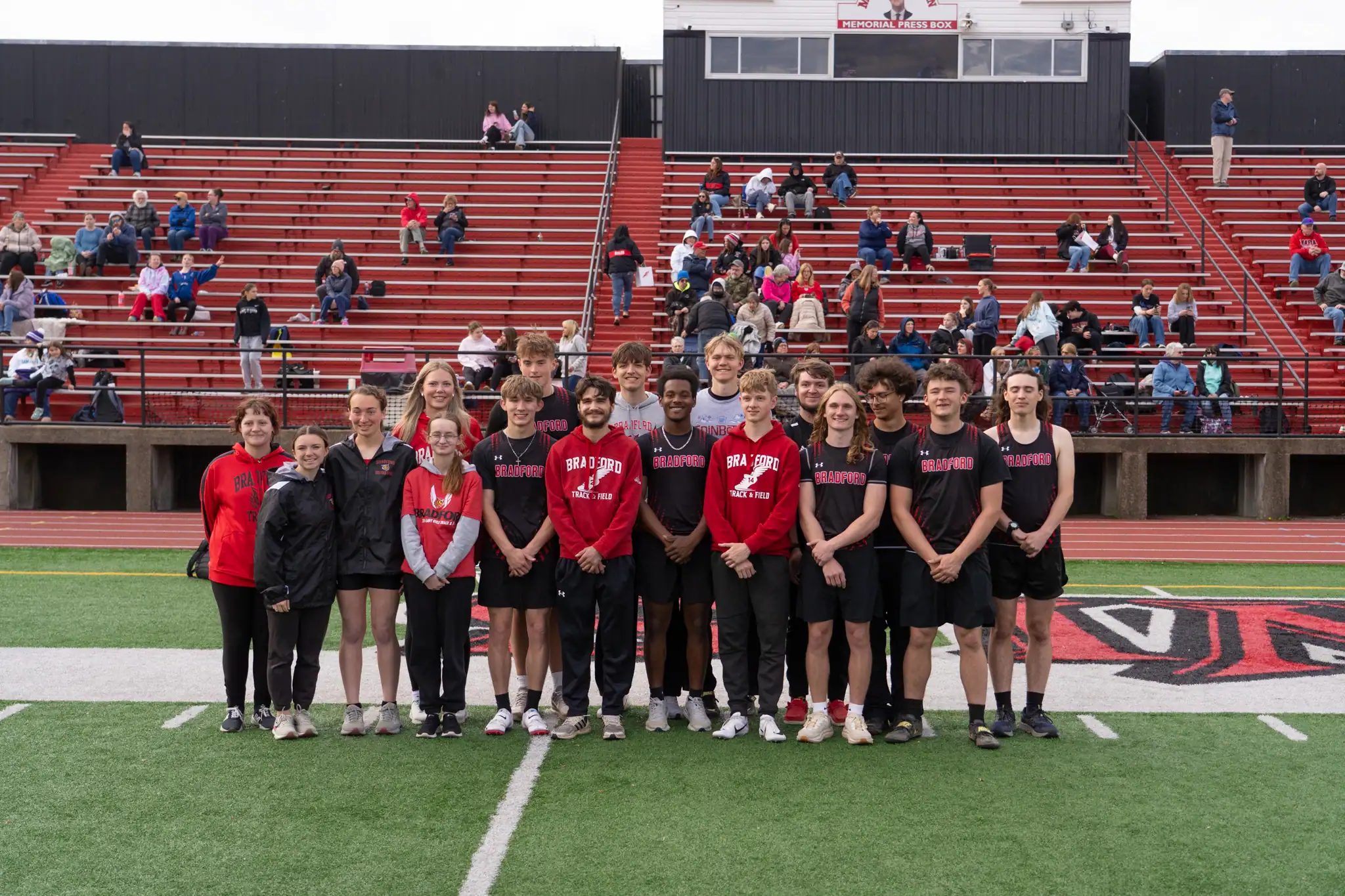 During their duel meet against Kane, the Bradford track and field teams recognized their seniors. Pictured here is Addison Carter (back row, left to right), Konnor Phillips, Danny Marasco, Marcus Terwilliger, Preston Neel, Fabian Sherk, Anthony McDonald, Forest Davis (front row, left to right), Jennifer Bouquin, Madison Vinelli, Joleen Wiemer, Enzo Aiello, Matt DeCasper, Jeremiah Long, Trenton Johnson, Logan Kohler and Andrew Giordano. | Photo by Hunter O. Lyle