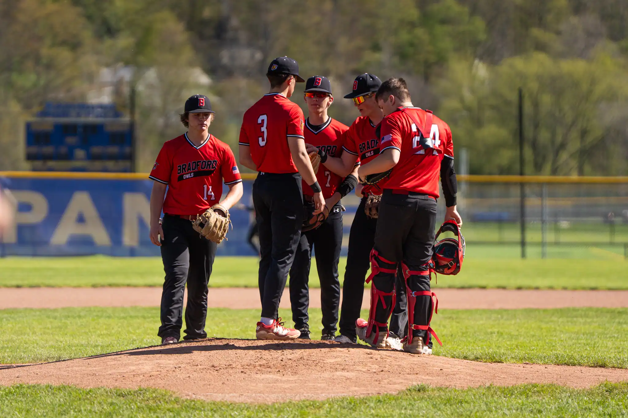 The Bradford baseball team holds a meeting on the mound amidst their five-inning loss to Elk County Catholic on Monday. | Photo by Hunter O. Lyle