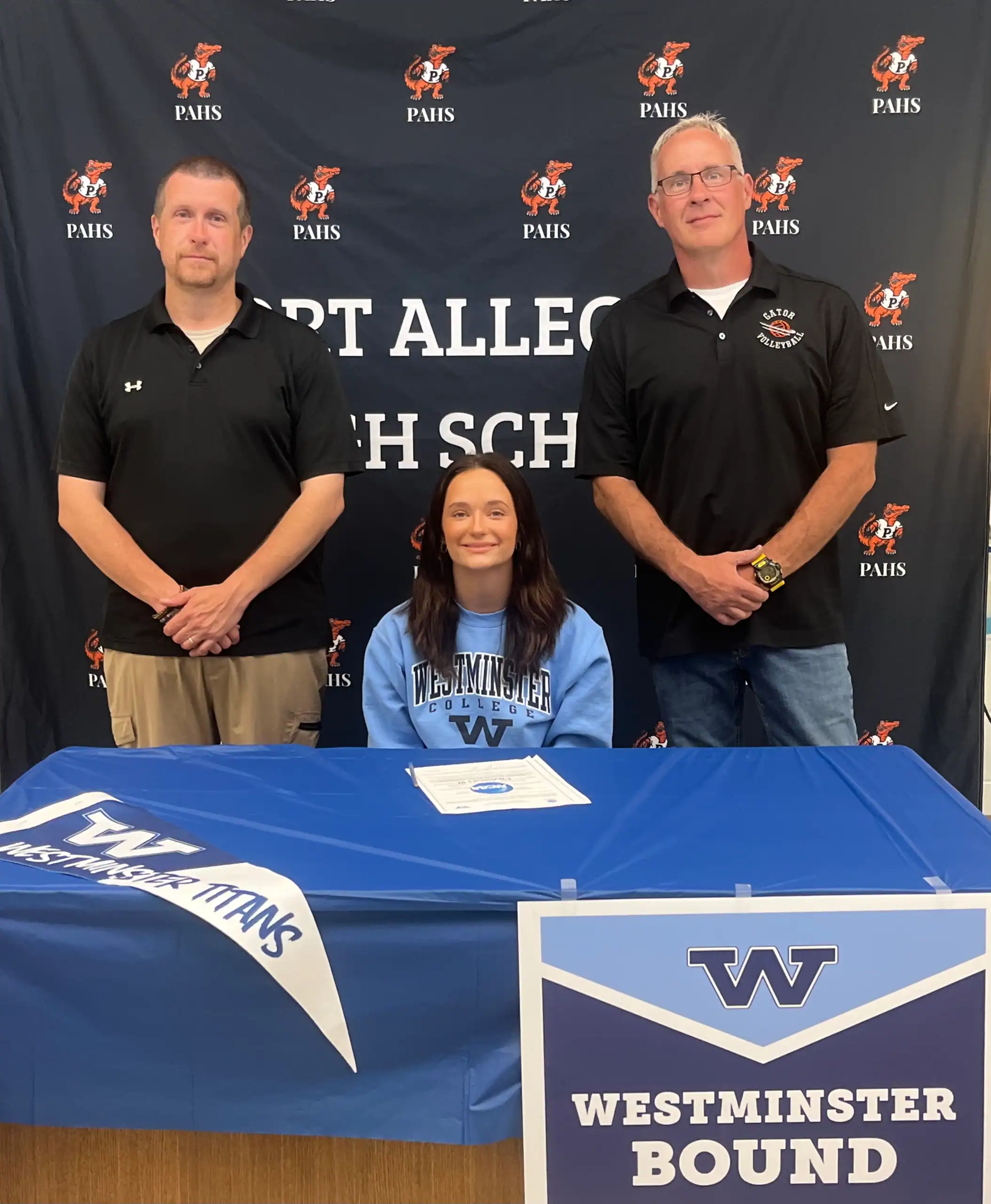Port Allegany's Jenna Renner officially committed to taking her athletic career to the collegiate level this week, signing her National Letter of Intent to play at Westminster College. Pictured here is Port Allegany athletic director Aaron Clark (left to right), Renner and volleyball head coach Matt Burr. | Photo submitted